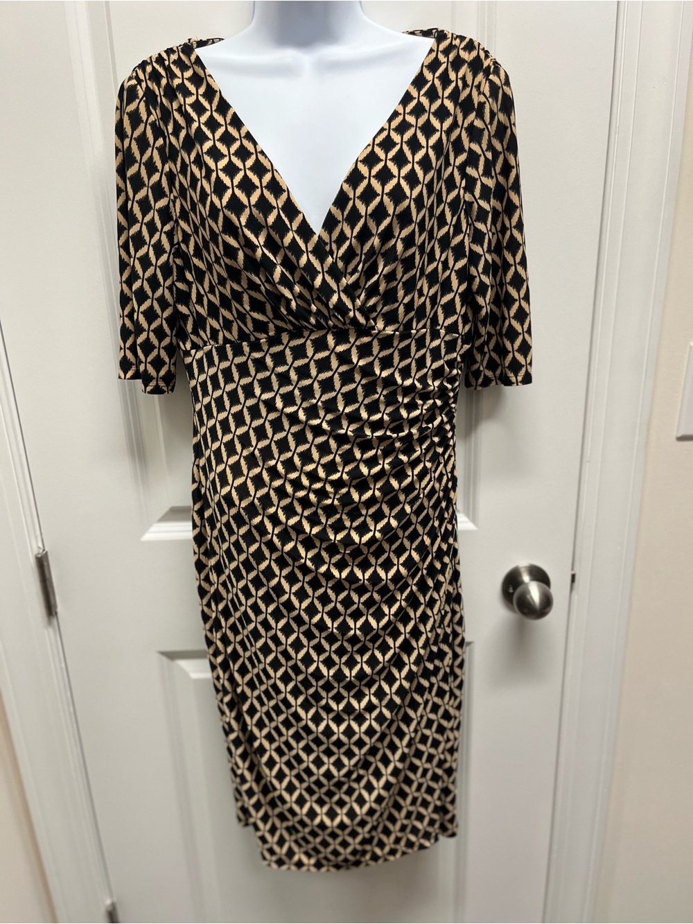 Lauren Ralph Lauren Geometric Ikat Faux Wrap Dress Size 8 Black Tan Ruched